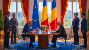Ilustrație a vizitei președintelui Consiliului European, Antonio Costa, în România. Imagine realizată de IA.