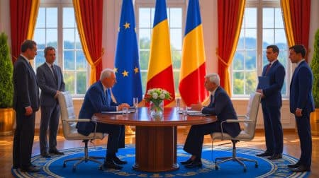 Ilustrație a vizitei președintelui Consiliului European, Antonio Costa, în România. Imagine realizată de IA.