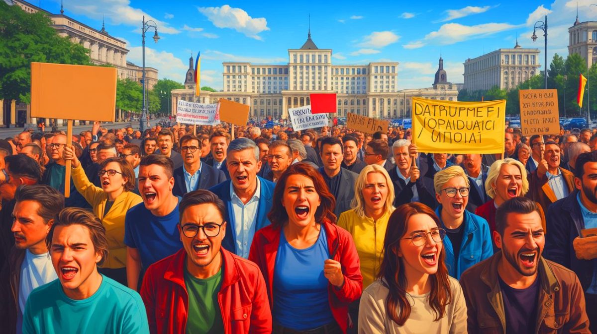„Un val de nemulțumire fără precedent”: sindicatele din România amenință cu o grevă generală istorică împotriva acestor măsuri de austeritate devastatoare Ilustrație a unei adunări sindicale protestând împotriva măsurilor de austeritate. Imagine realizată de IA.