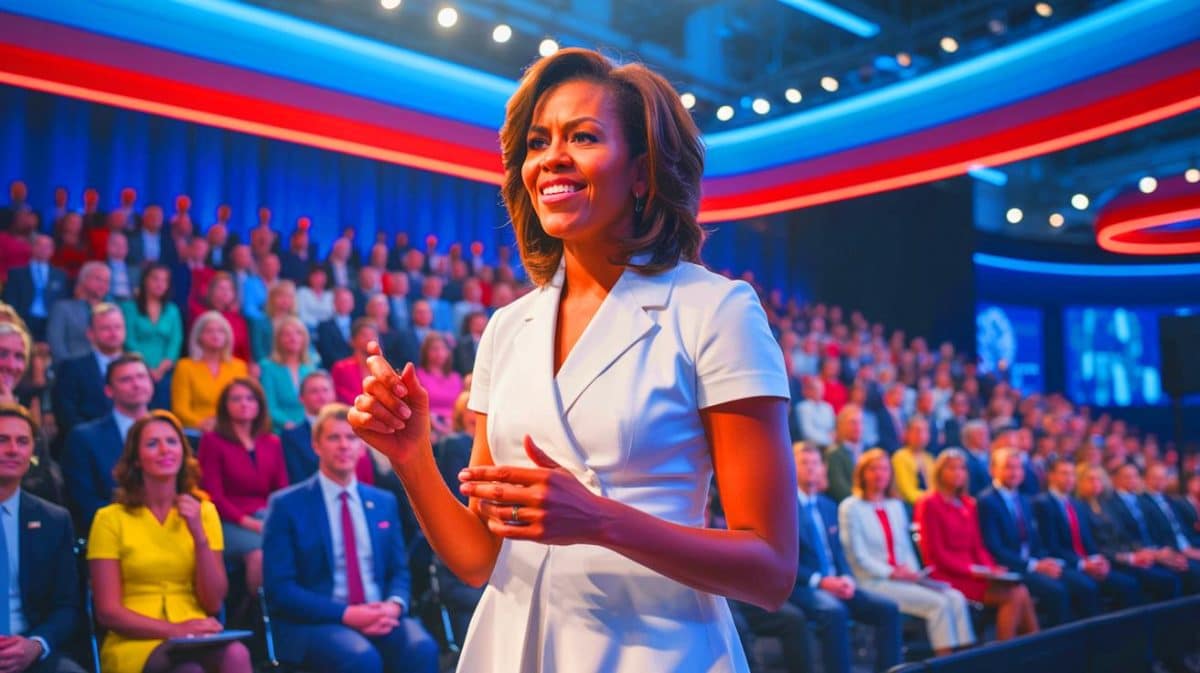 „Un moment istoric pentru București”: Michelle Obama transformă acest eveniment într-un simbol al leadershipului și al curajului neclintit în fața provocărilor dificile Ilustrație a apariției lui Michelle Obama la conferința Impact Bucharest. Imagine realizată de IA.