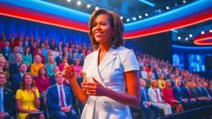 Ilustrație a apariției lui Michelle Obama la conferința Impact Bucharest. Imagine realizată de IA.
