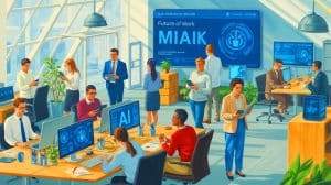 Ilustrație a pieței muncii din România și a influenței inteligenței artificiale. Imagine realizată de IA.