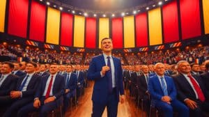Ilustrație a congresului PSD din București unde Sorin Grindeanu a fost ales lider. Imagine realizată de IA.