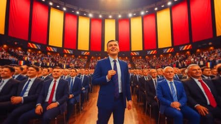 Ilustrație a congresului PSD din București unde Sorin Grindeanu a fost ales lider. Imagine realizată de IA.