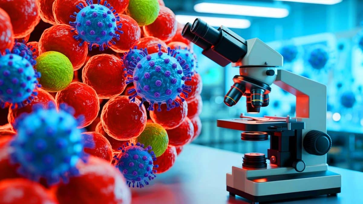 „Mai fascinant decât un film SF”: acest microscop revoluționar dezvăluie în timp real invazia colosală a virusului gripal în celule umane Ilustrație a invaziei celulare de către virusul gripal. Imagine realizată de IA.